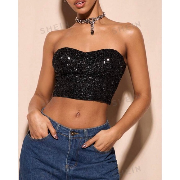 Shein Sky Black Sequin Tube Top NWT! - Picture 1 of 16
